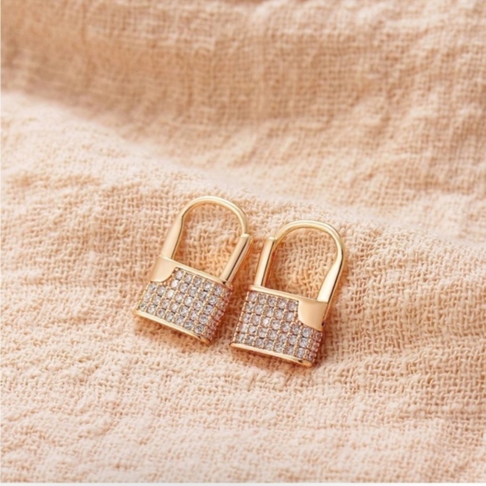 14k Gold Plated Cubic Zirconia Lock Earrings